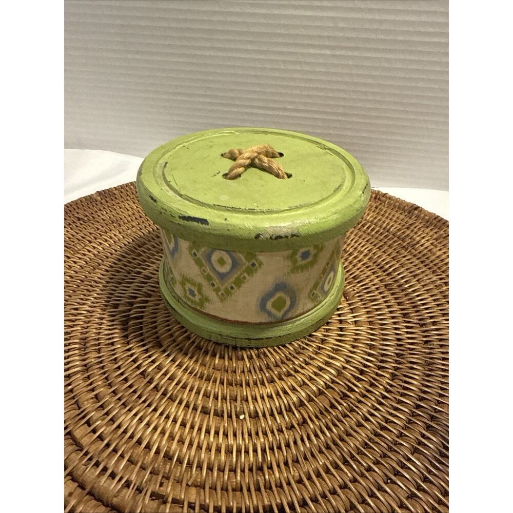 Moroccan Style Round Decorative Wood Storage Container w/ Lid Green - Yellow